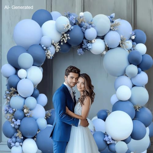 Image of Zesliwy Dusty Blue Balloons Arch Kit, Double Stuffed, Latex, Party Decor | Dark Denim Blue, Light Pastel Blue Balloon Garland,for Birthday Wedding Baptism Graduation Gender Reveal Decoration