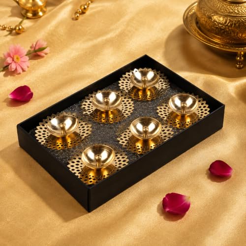 Image of Klassic 1.4 Inch Pure Brass Flower Design Akhand Deep Vilakku | Center Wick Pital Diya for Daily Puja, Home Temple, Festivals, Housewarming, Wedding & Return Gifts | Pack of 6