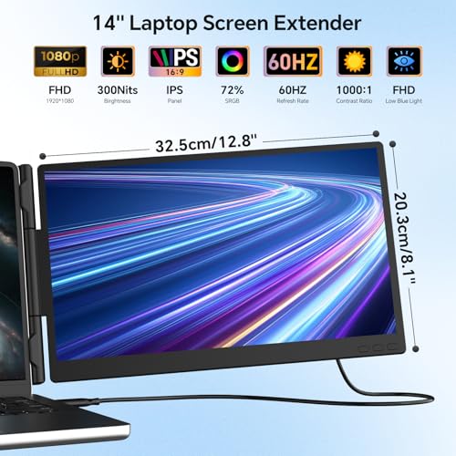 Image of 14 inch Laptop Screen Extender, 1080P FHD Dual Portable Monitor for Laptop with Speaker, USB-C /HDMI Plug & Play, Extended Screen for Mac /Windows /Chrome, Fit 13-17.3 inch Laptops