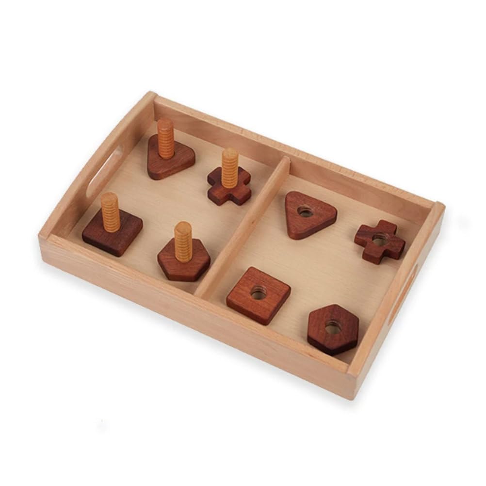 ttnmrc Montessori Wooden Screw Shape Matching Set with Divided Beech Wood Tray, Toddler Twist Nut Bolt Fine Motor Training Toy