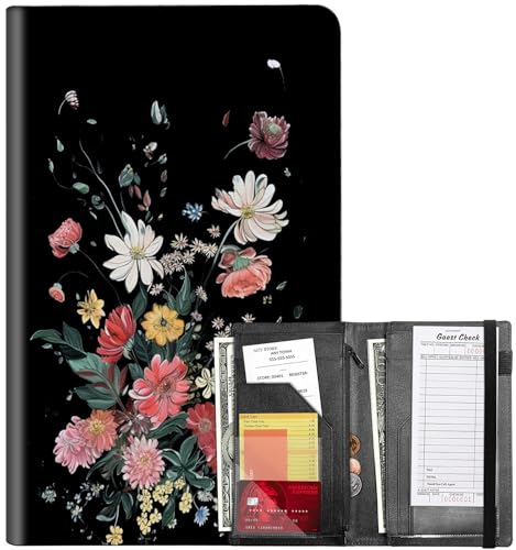 Server Books for Waitress, Waitress Book with Elastic Bandage Closure PU Leather Organizer with Zipper Money Pocket Fit Server Apron, Floral