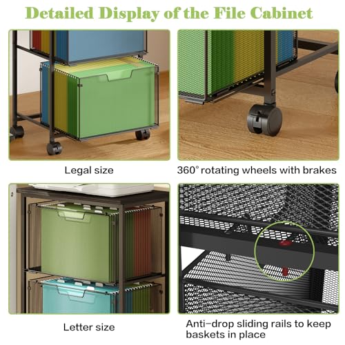 Sbanmao Letter/Legal Rolling File Cart with 2 Storage Drawers, Under Desk Storage, Vertical Filing Cabinet for Home Office, Hanging File Folders Organizer, Mobile Utility Cart Printer Stand, Black by Sbanmao - Image 6