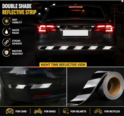 Image of WALLMATE Dual Shade Reflective Radium Strip Waterproof Self Adhesive, Safety Sticker, Night Glow Tape for Helmet, car, Scooter & Cycle Decoration (Black-Silver, 0.5 In x 45 Mtr (1771 in) (PCK OF 2)