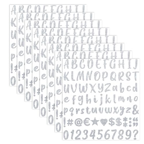 Bubaxuce 648 Piezas 8 Hojas Letras Pegatinas Brillantes Pequeñas Autoadhesivas Alfabeto Números Vinilo Adhesivos para Scrapbooking Buzón Dígitos Manualidades Aula