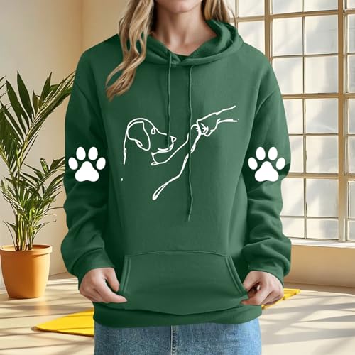 KOG Hoodie für Damen Baumwolle Kapuzenpullover Hunde-Print Hoodies Warmes Hooded Sweatshirt Frauen Kleidung 2025 Warme Teenager Mädchen Casual Slim Fit Pullover Bekleidung Armeegrün XL