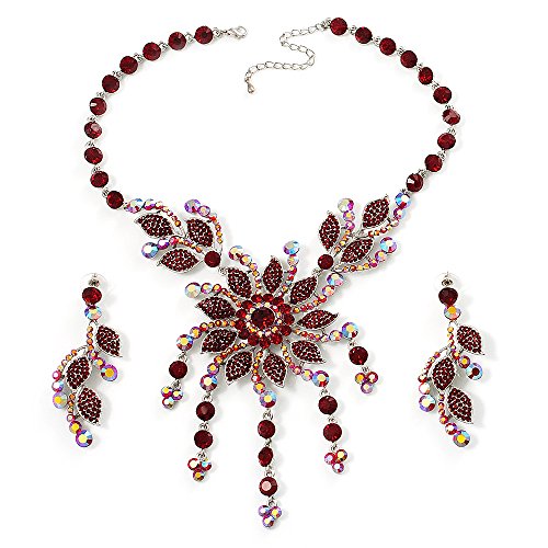 Preisvergleich Produktbild Unbekannt Avalaya Schmuckset Halskette und Ohrringe Rubinrot Strasssteine Blumendesign silberfarben