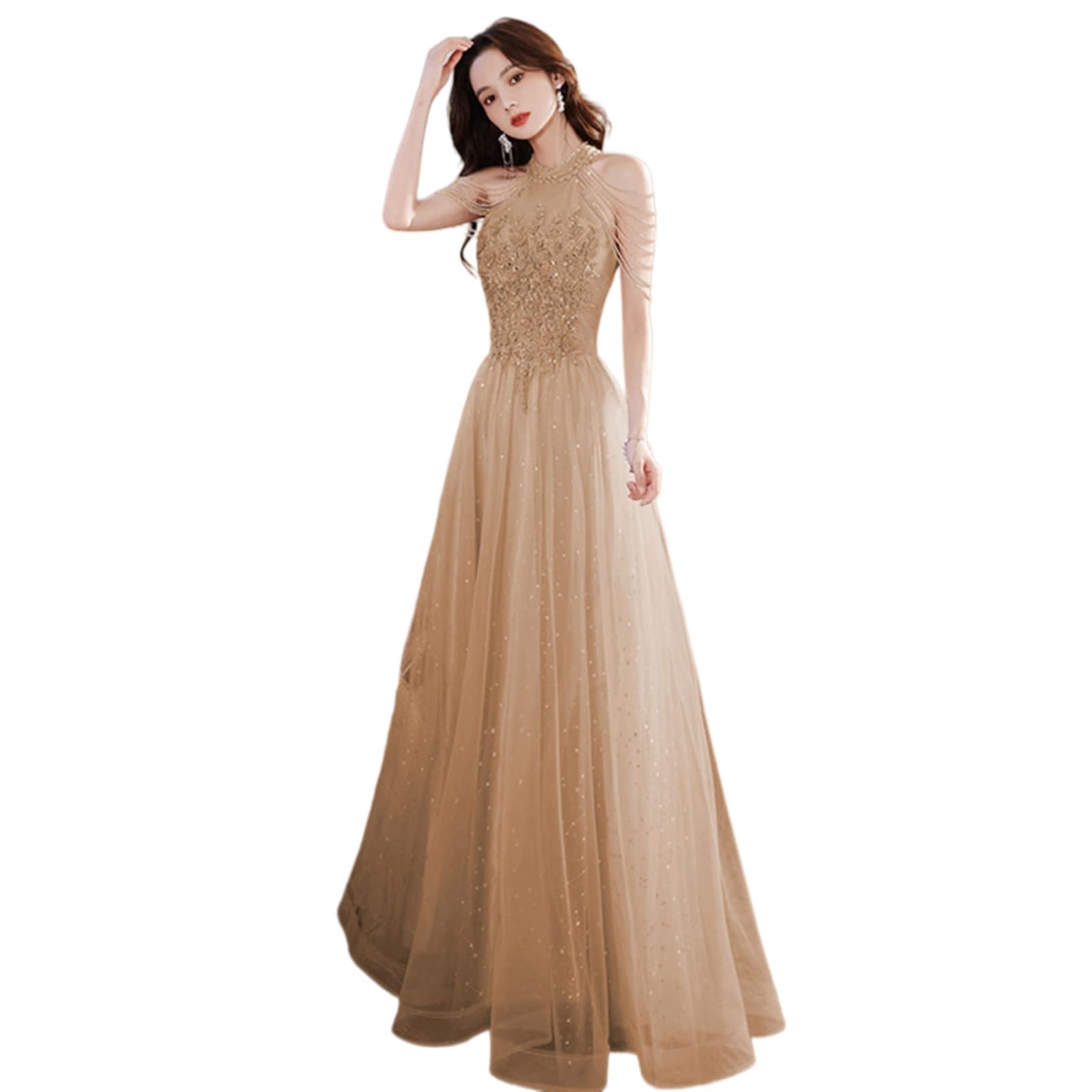Vestito Maxi Formale Rosa per Le Donne - Elegante Abito da Festa La Sera del Compleanno di Ballo E Occasioni Speciali-champagne-6-floor Length-China Mainland