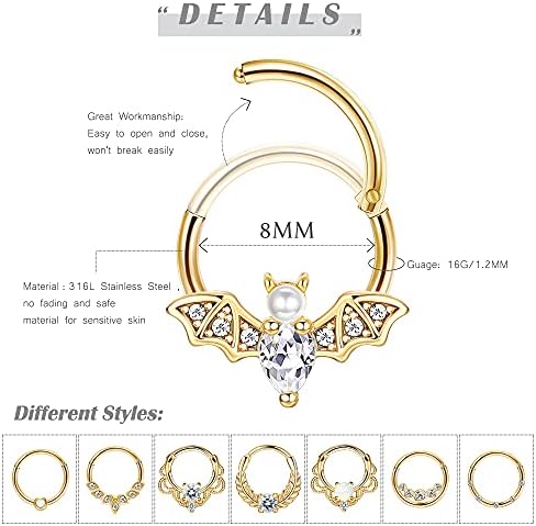 Kakonia 8PCS Septum Jewellery 16G Daith Earrings Septum Clicker Ring Helix Cartilage Tragus Piercing Jewellery Gold Black Nose Rings Hoops Hinged Hoop Earrings 8mm 10mm