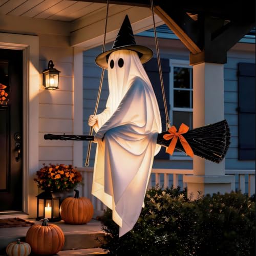 MRzuobiao Hanging Ghost Halloween Decoration with Light-Up Broom Display for Porch, Yard, or Tree
