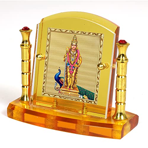 Image of Eknoor 24 Carat Gold Plated Foil on Solid 5MM Thick Acrylic Base Murugan Ji Kartikeya Ji with Peacock God Idol with Golden Frame with for Car Dashboard, Puja Ghar and Offices (GFWP), Idol