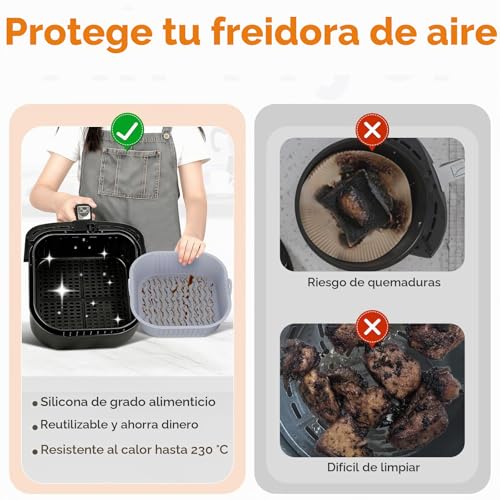 Miniatura 4 de Diboniur Molde Silicona Freidora De Aire 5-8l, 2 Piezas 21cm Bandeja Recipiente Air Fryer, Cesta Silicona Cuadrado, Reutilizable, Accesorios Freidora De Aire Negro Y Gris