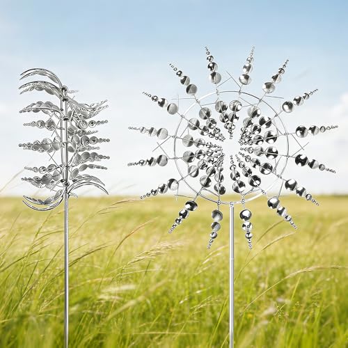 Magische Windmühle Aus Metall HOVCEH Upgraded Rostschutz Windspiele für Draußen Stehend 3D 360 Dual Rotors Kinetische Windspiel Metall für Draußen Hof Patio Rasen und Garten (Silver)