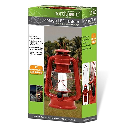 Northpoint Vintage Style Red Hurricane Lantern with 12 LED's and 150 Lumen Light Output and Dimmer Switch, Battery Operated Hanging Lantern for Indoor and Outdoor Usage