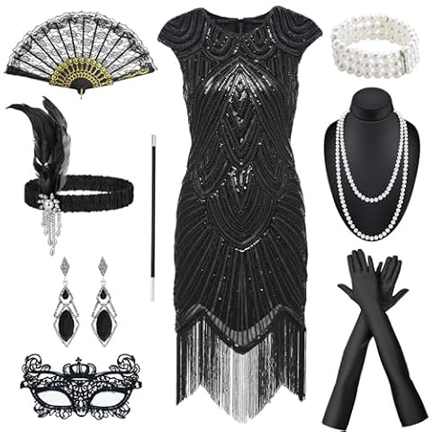 NEUFOOD Kostium damski w stylu lat 20., sukienka z Gatsby, z akcesoriami do sukienki, w stylu lat 20., Charleston Flapper outfit (XXL)