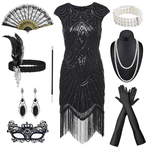 NEUFOOD 20er Jahre Kostüm Damen,20er Jahre Kleid Mit Gatsby Kleid Damen mit 20ER Jahre Kleid Accessoires, Charleston Flapper outfit (M)