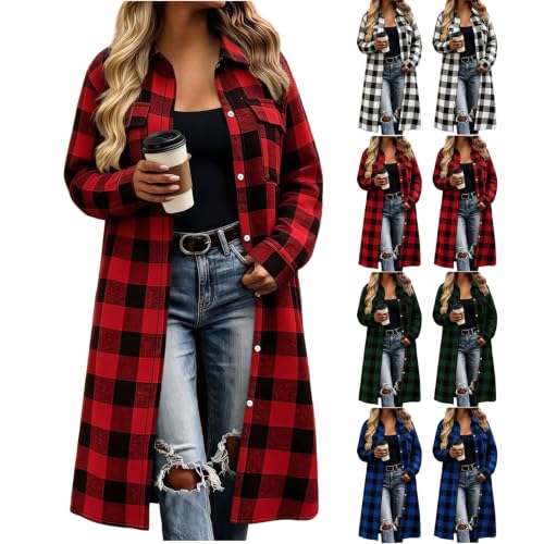 Flannel Shirts for Women Long Sleeve Long Plaid Tops Button Down Shacket (US, Alpha, Large, Regular, Regular, Wine)