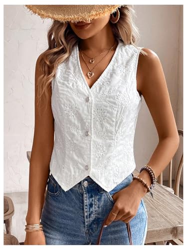 SHENHE Women's Eyelet Embroidery V Neck Button Up Vest Boho Sleeveless Blouse Top4