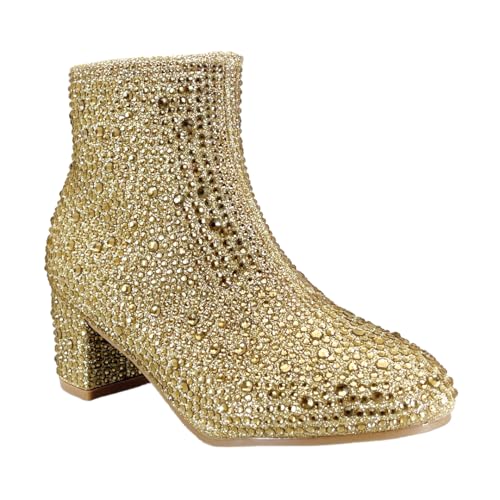 ABSOLEX Girle's Rhinestone Round Toe Block Chunky Low Heel Ankle Booties