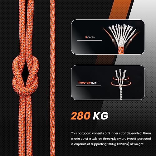 Abma Cord Paracord 620 lbs 4mm 9 Strands 100% Nylon 30M - Grey & Orange, Diamond-grey & Orange, 30 Meters - Image 3