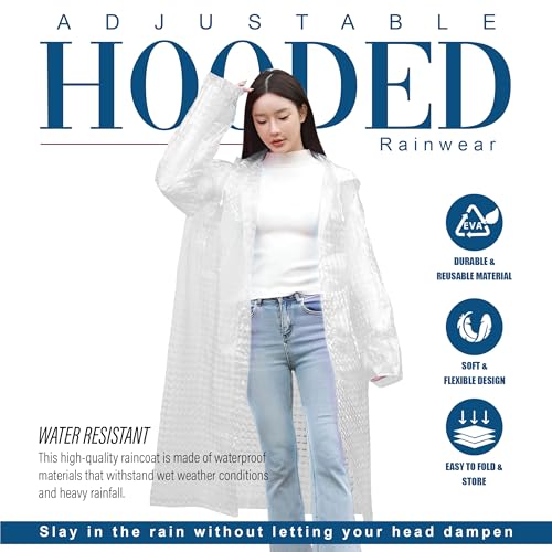 Image of HACER Hooded Raincoat for Women EVA Waterproof Full Length Long Sleeves Lightweight Rainwear with Hood for Adults Camping Hiking Trekking (Pack of 1, White, Free Size)