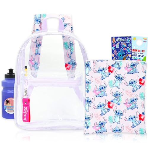 Stitch Clear Mini Backpack - 13 Stitch Iconic Transparent Small Backpack with Front Pocket Water Bottle Stickers Bundle | Adjusts to Fit Teens Adults Women