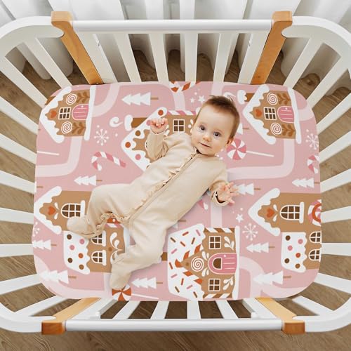 Image of Fitted Crib Sheets Gingerbread House Christmas Tree Pink Stretchy Portable Playard Sheets for Baby Toddler, Breathable Soft Mini Crib Mattress 39 x 27 in for Boys and Girls