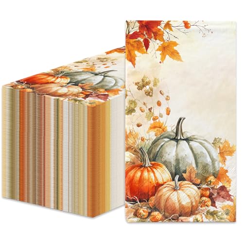 100Pcs Fall Pumpkin Paper Napkins Watercolor Thanksgiving Napkins Fall Party Decorations Orange and White Pumpkin Napkin Disposable for Baby Shower Wedding Harvest Party Dinner Kitchen Bathroom