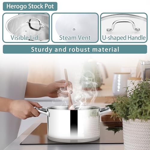 Herogo 4.5L Stock Pot, Stainless Steel Soup Pot with Clear Visible Lid, 22cm Induction Stockpot for Soup, Tri-Ply Bottom for All Stoves, Heavy Duty For Stewing/Cooking, U-shaped Handle, Silver - Image 4