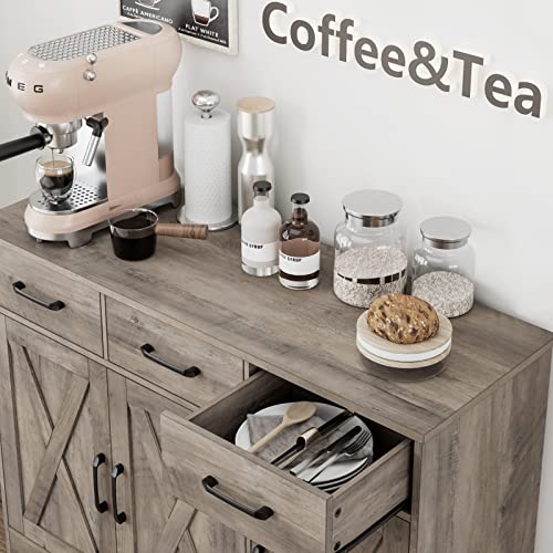 Hostack Modern Farmhouse Buffet Sideboard Cabinet, Barn Doors Storage Cabinet With Drawers And Shelves, Wood Coffee Bar Cabinet With Storage For Dining Room, Kitchen, Living Room, Bedroom, Ash Grey #TOP6
