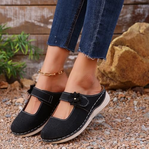 Clogs for Women Leather Comfort Mules Hollow Out Flowers Closed Toe Sandals Summer Casual Arch Support Slip On Slippers Walking Shoes4