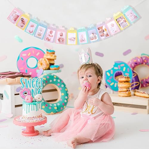 Image of Rainbow Girls 1st Birthday Decorations - Colorful 1 To 12 Months Photo Banner,Newborn Monthly Milestone Photos,Baby Girl First Year Rainbow Themed Photo Banner,Newborn Sweet One Birthday Banner