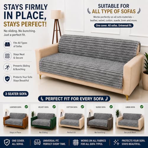 Image of Homerz Premium Rabbit Fur Sofa Cover with Anti-Skid Backing, Soft Plush Fabric Sofa Protector for Living Room Furniture (Grey, 7 (3+2+2) Seater, Seat Cover with Backrest)