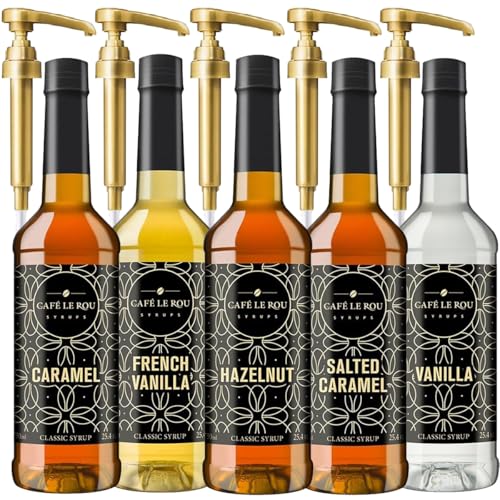 Coffee Syrup Gift Sets 5 Café Le Rou Coffee Syrup Variety 5-Pack- 25.4 oz Vanilla, French Vanilla, Caramel, Salted Caramel, Hazelnut, *Includes 5 Syrup Pumps*, Flavoring Syrup for Coffee, Tea and Espresso