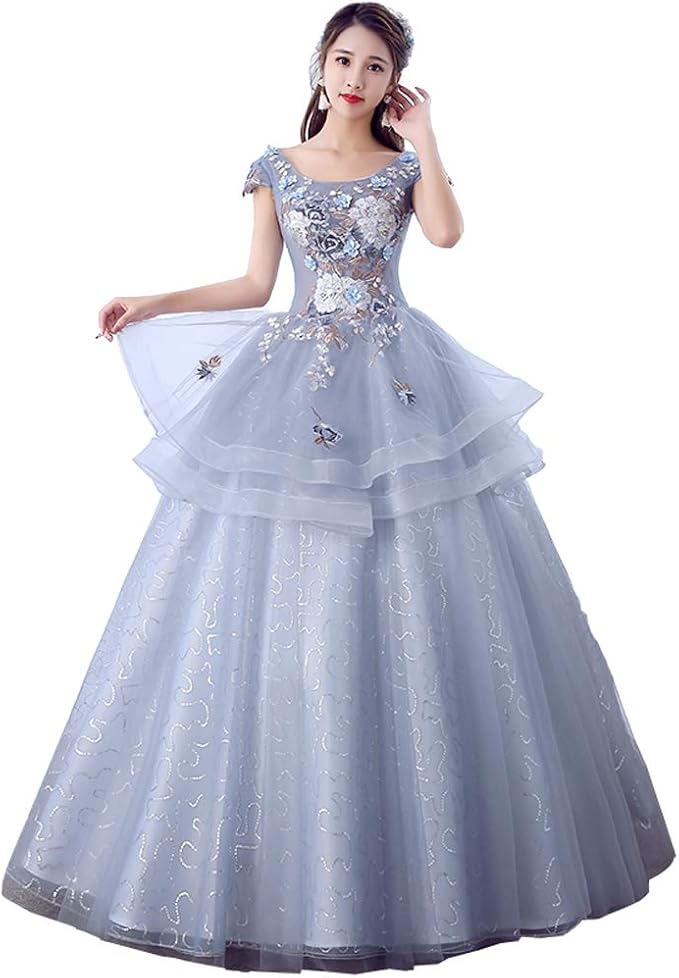 Amazon ロモハナガ ロングドレス 演奏会 花柄 他と被らない ピアノ 発表会 演奏会用ドレス ステージ 大きいサイズ 大人 ステージ衣装 締め上げ 袖付き カラードレス グレー 舞台衣装 コンサート ステージ 袖あり お呼ばれ 上品 イブニングドレス 通販