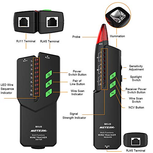 Wire Tracker, Meterk RJ11 RJ45 Multifunctional Cable Tester Line Finder with NCV Probe for Wire Tracer Toner Ethernet LAN Network Cable Collation, Telephone Line Tester, Continuity Checking - Thumbnail 3