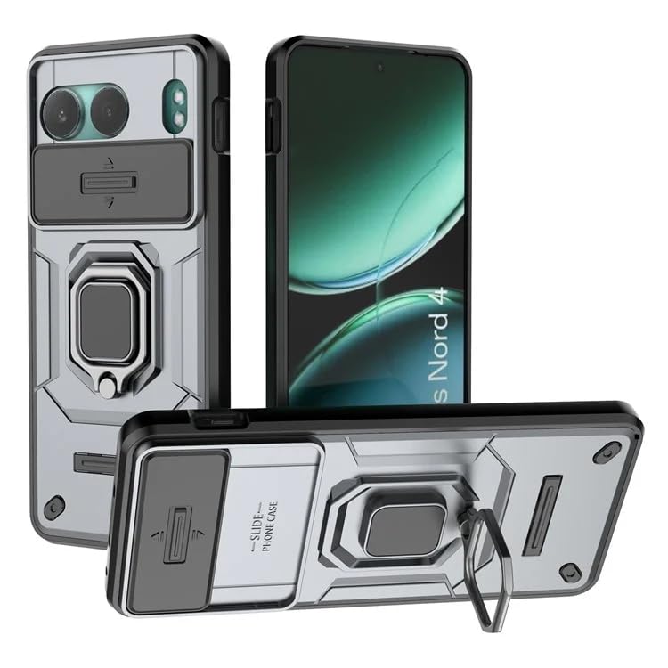 Image of Casodon Heavy Duty Armor Back Case Cover for Oneplus Nord 4 - Magnetic Kickstand Ring with Camera Shutter Protection, Rugged Bumper Hard Back Cover for Oneplus Nord 4 (PC & TPU|Silver)