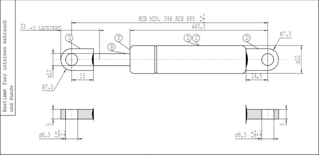Stabilus LIFT-O-MAT siłownik gazowy 500N amortyzator hydrauliczny 885 cm skok 397 cm metalowy