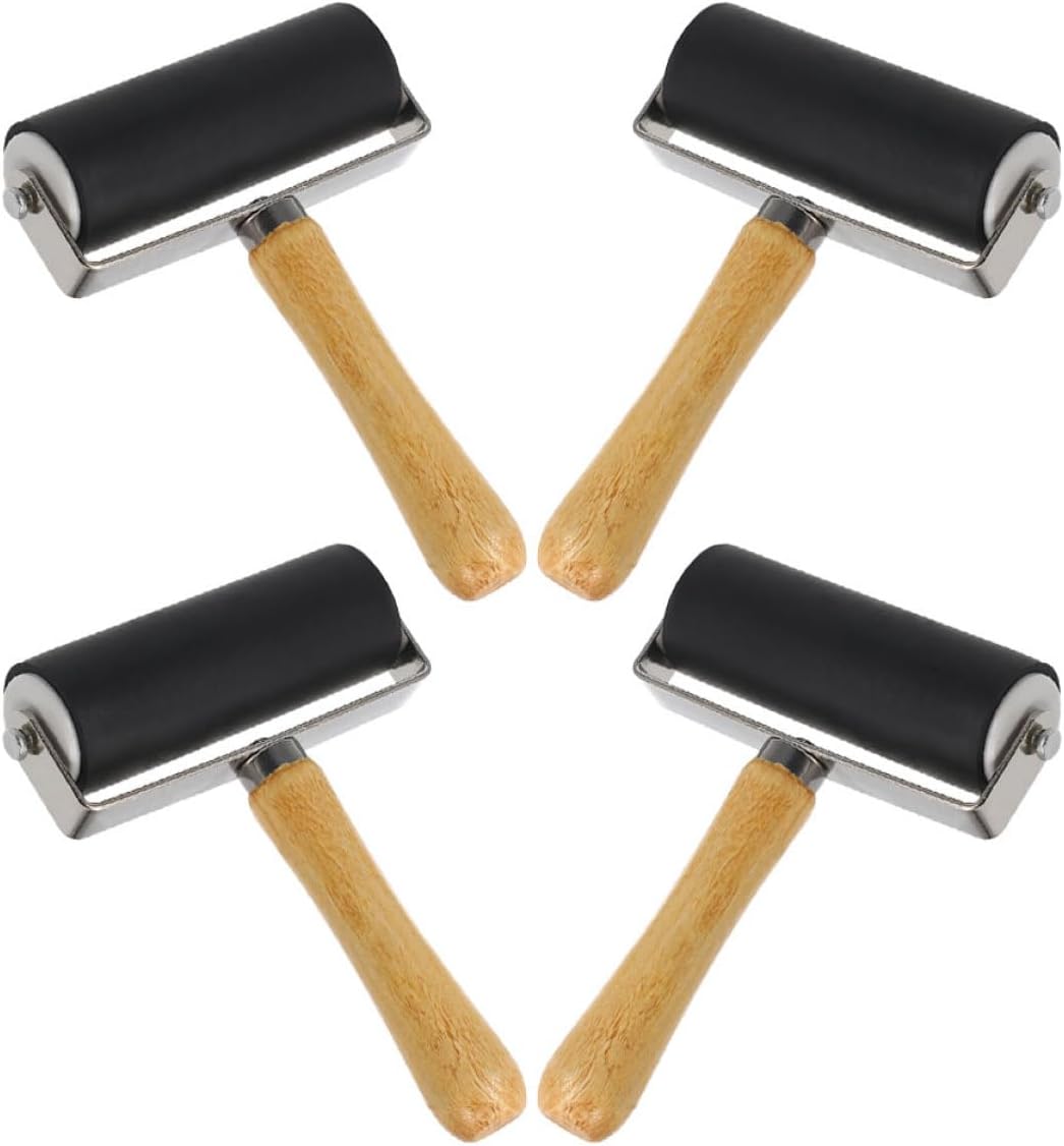 YARNOW 4pcs Black 10cm Printmaking Ink Rollers with Wooden Handles, Rubber Rollers for DIY Craft Tools and Painting, Suitable for Relief Printing and Stamping Applications
