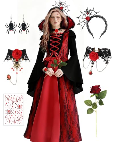 Fantspati Vampire Costume for Women Gothic Vampire Dress with Accessories Necklace Bracelet Headband for Halloween Costume