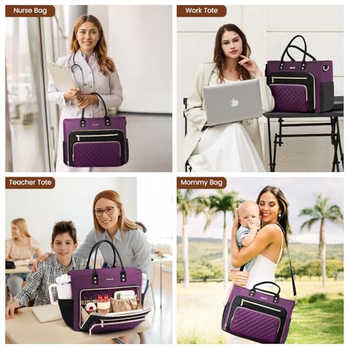 Image of LOVEVOOK Teacher Nurse Diaper Bag, Purple Laptop Tote Bag for Women Work | Fits 15.6 Inch Laptop, With Large Cup Holder & Multi-Pockets, Professional Computer Briefcase, Business Large Purses, Gifts