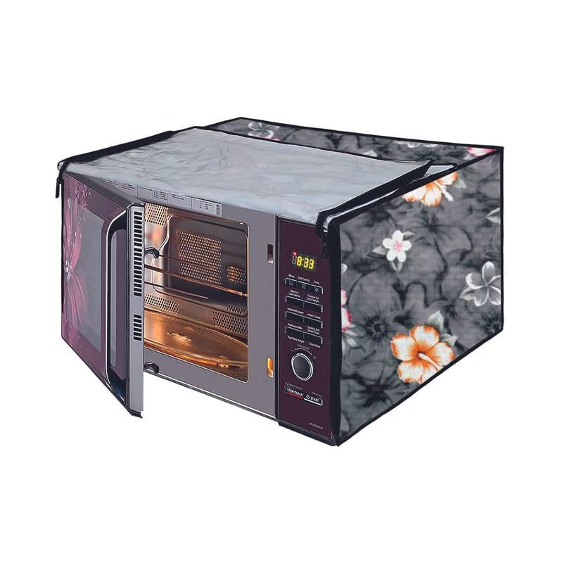 Image of PVC Microwave Oven Cover for LG-28L-MC2846BV | Full Closure Zip | Waterproof & Dustproof | Attractive Digital Print | Wipe Clean | Kitchen Decor | 51 x 30.5 x 49.4 cm | Grey Flower Design