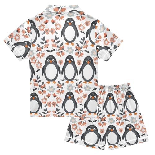 ALAZA Cartoon Penguin Blossom Flower Satin Pajamas Set Short Sleeve Button Down Sleepwear Summer Pjs 2 Piece2
