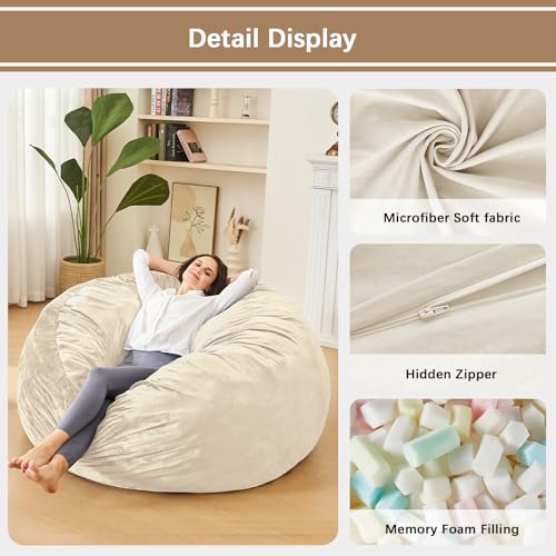 Image of Bean Bag Chairs for Adults - Memory Foam Furniture BeanBag Chair - Kids /Teens Sofa with Soft Micro Fiber Cover - Round Fluffy Couch for Living Room Bedroom College Dorm - 4 ft, Ivory
