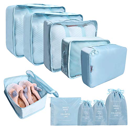 Preisvergleich Produktbild Vsadey Kleidertaschen 10-teilig, Koffer Organizer Packing Cubes Packtaschen Reisen Aufbewahrungstasche für Kleider Taschen Kleidung Kosmetik - Blau