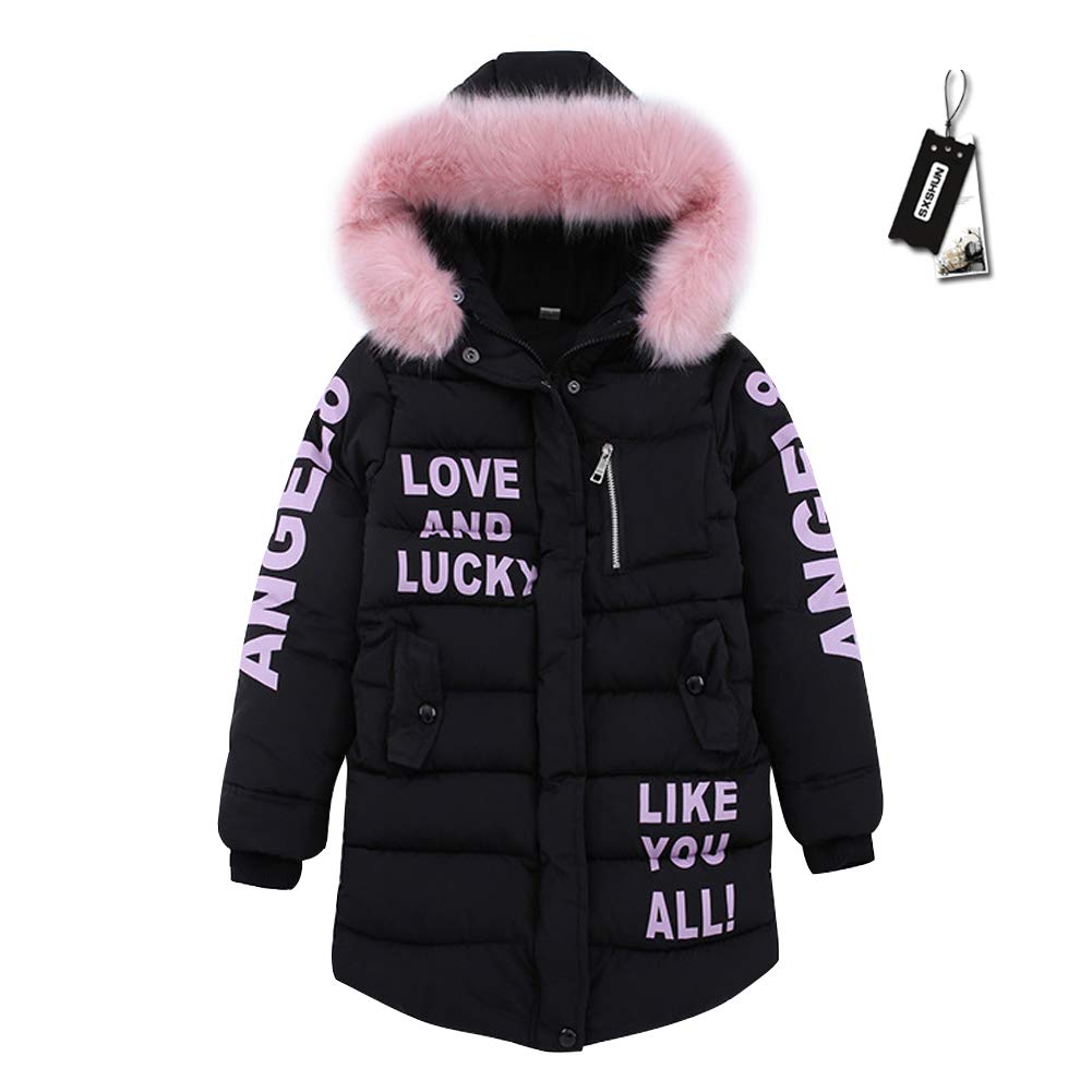 Niñas Abrigo Acolchado de Invierno con Capucha de Pelo Chaqueta Caliente de Algodón con Estampado de Letras