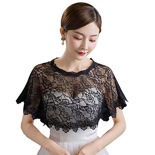 Wedding Shawl Women Floral Lace Shawl Wrap Wedding Bridal Cover Up Tulle Shrug Cape, 28cm, Black
