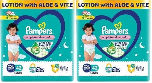 Image of Pampers Complete Skin Comfort Pants, Anti-rash blanket, Lotion with Vitamin E & Aloe Vera,Double Extra Large size baby diapers (XXL) 42 Count,15-25kg (Pack of 2)