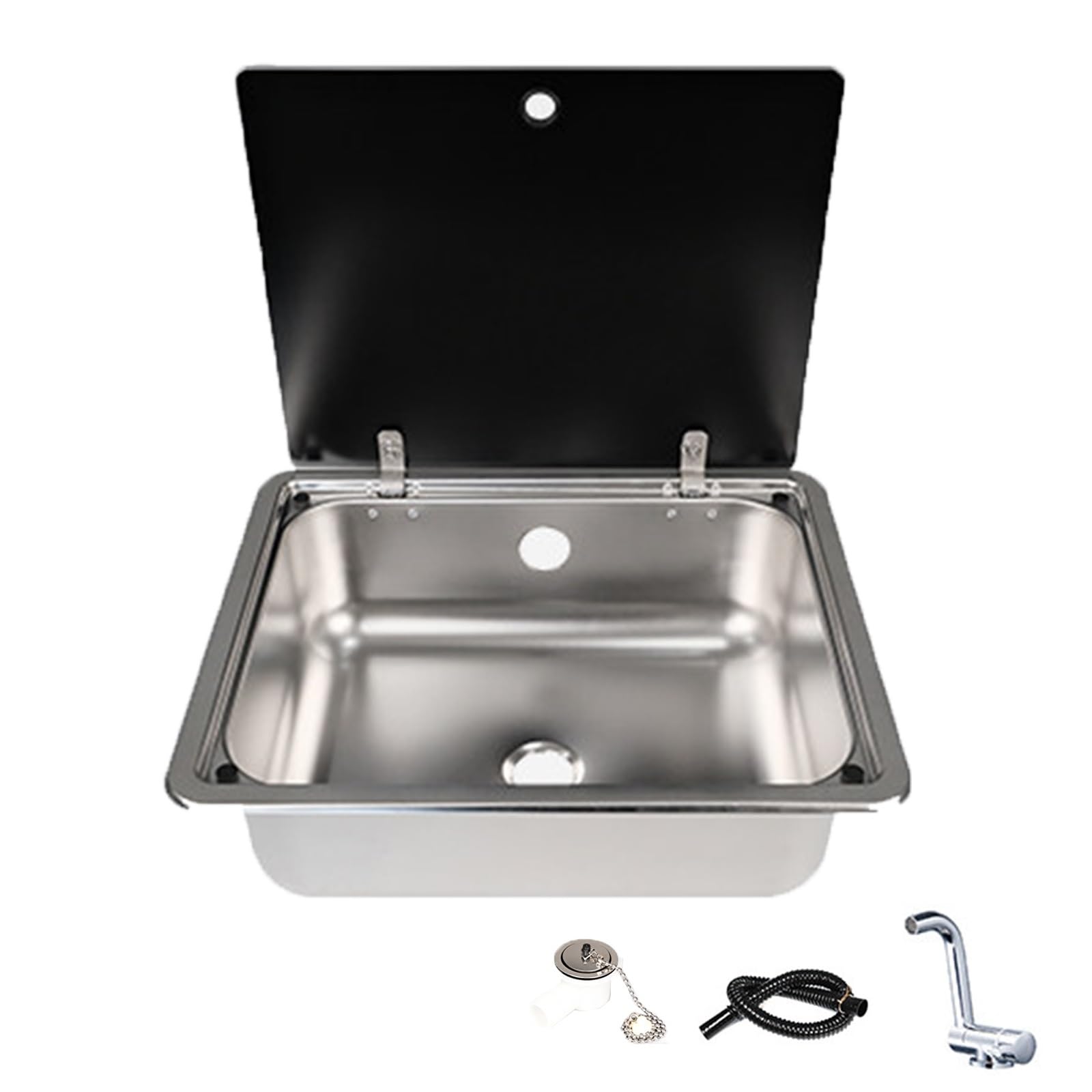 Fregadero Camper con Grifo Plegable, Fregadero Cocina de Acero Inoxidable 304, Capacidad Profunda de 5in, Tapa Integrada Multifuncional, Cubeta Individual para Bar o Autocaravana