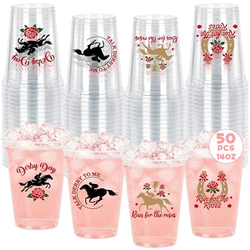 QZYL 50 PCS Derby Decorations 14 OZ Kentucky Cups Run for the Roses Design Derby Cups Horse Plastic Cups Derby Glasses Disposable Derby Party Supplies Horse Party Decor