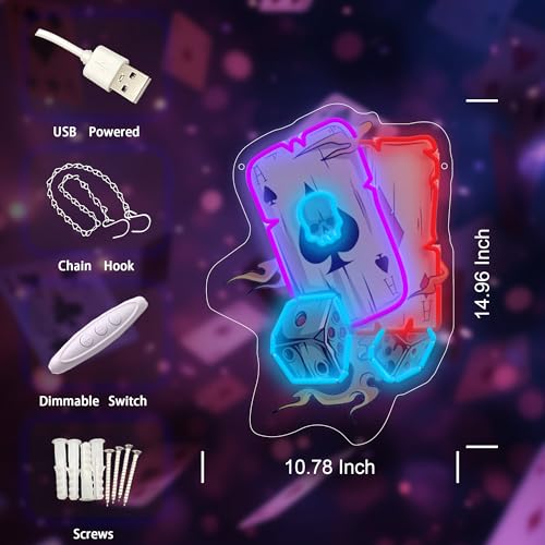 Image of Gambling Poker LED Neon Sign USB Powered for Wall Decor, Skull Poker Neon Night Light Sign Dimmable for Game,Casino Room Party Decor Halloween Birthday Gifts